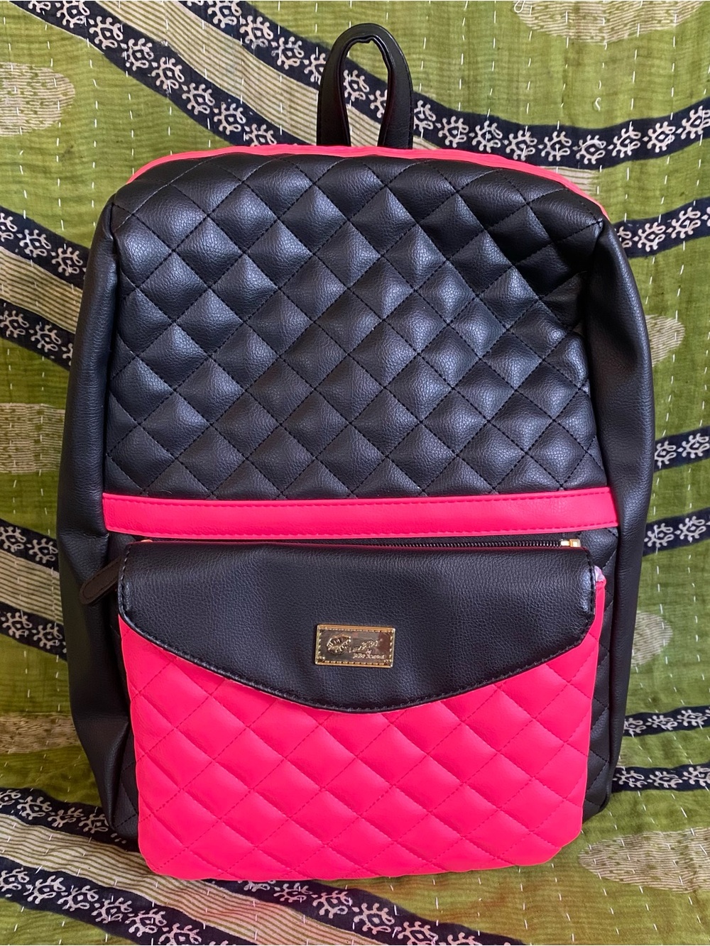 Luv Betsey x Betsey Johnson Black/ Pink Lorene Quilted Faux Leather Backpack